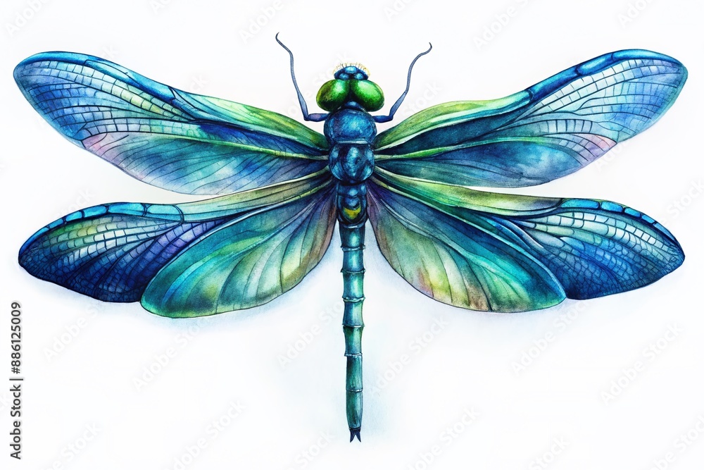 Delicate dragonfly with iridescent blue and green wings perched on a white background, showcasing its intricate details and stunning natural beauty. Delicate dragonfly with iridescent blue and green wings perched on a white background, showcasing its intricate details and stunning natural beauty.