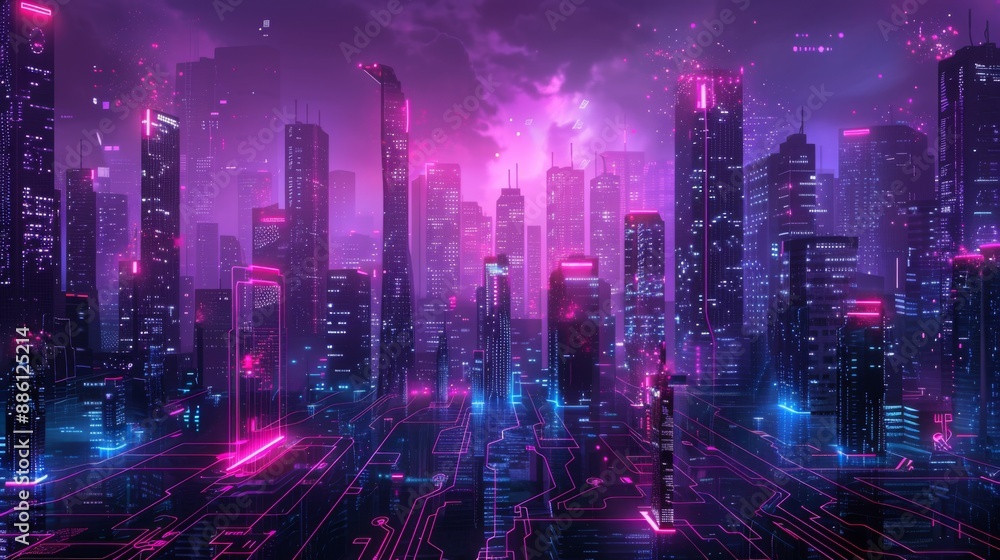 Fototapeta premium Futuristic Smart Cyber City illustration: Innovative Urban Landscape in Digital Circuitry, futuristic technology concept, Graphic Resources, Wallpapers, Brochure, Websites, banner design, Advertising,
