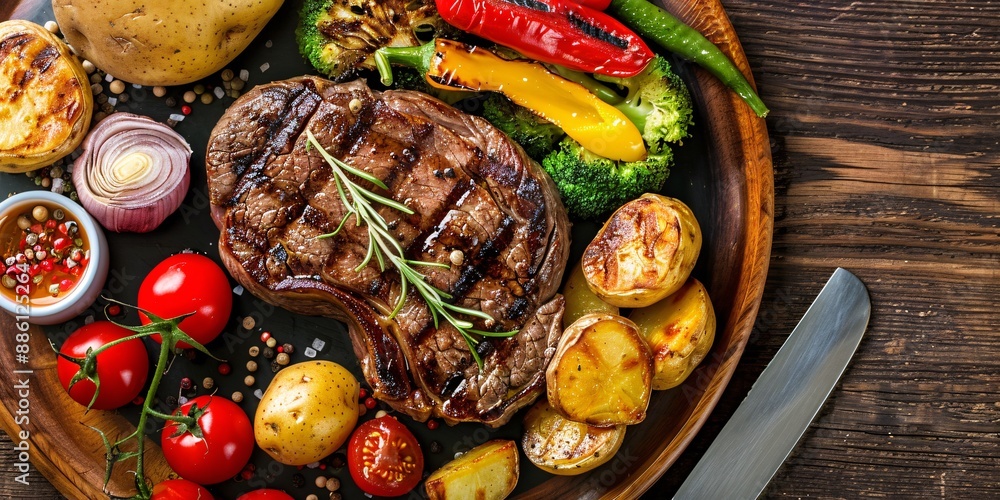 Succulent beef steak paired with roasted potatoes and crisp produce, displayed on a rustic wooden surface. Succulent beef steak paired with roasted potatoes and crisp produce, displayed on a rustic wooden surface.