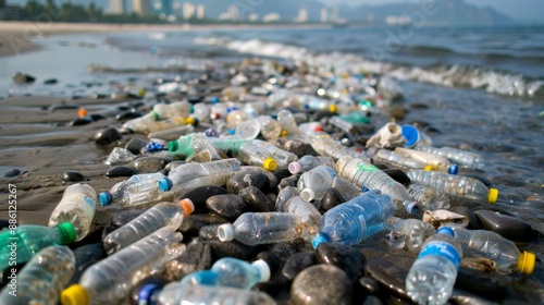 Plastic bottles litter the shoreline, highlighting the environmental impact of pollution on our oceans and beaches.