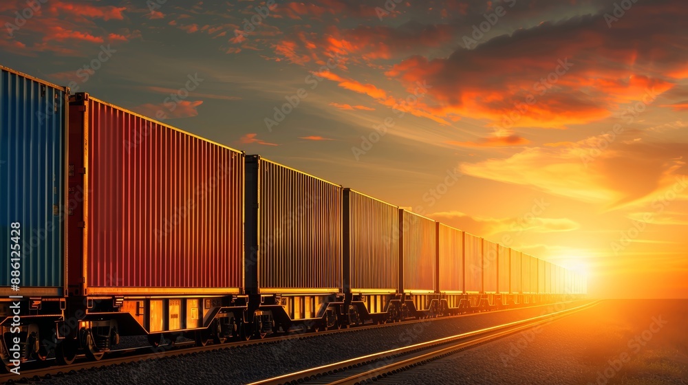 Colorful freight train with cargo containers traveling at sunset on railway track, creating a picturesque industrial transportation scene. Colorful freight train with cargo containers traveling at sunset on railway track, creating a picturesque industrial transportation scene.