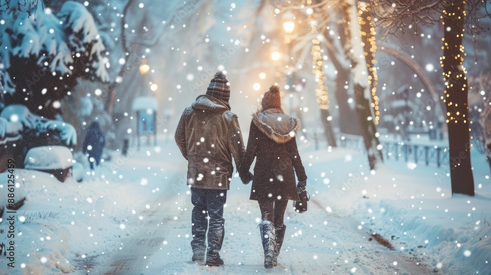 Couple walking in snowy park, surrounded by falling snow and festive lights Couple walking in snowy park, surrounded by falling snow and festive lights