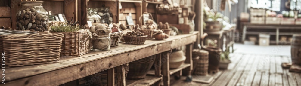 Fototapeta premium A market stall selling goods made from upcycled materials, vintage, sepia tones, detailed, evoking the charm of ecofriendly commerce