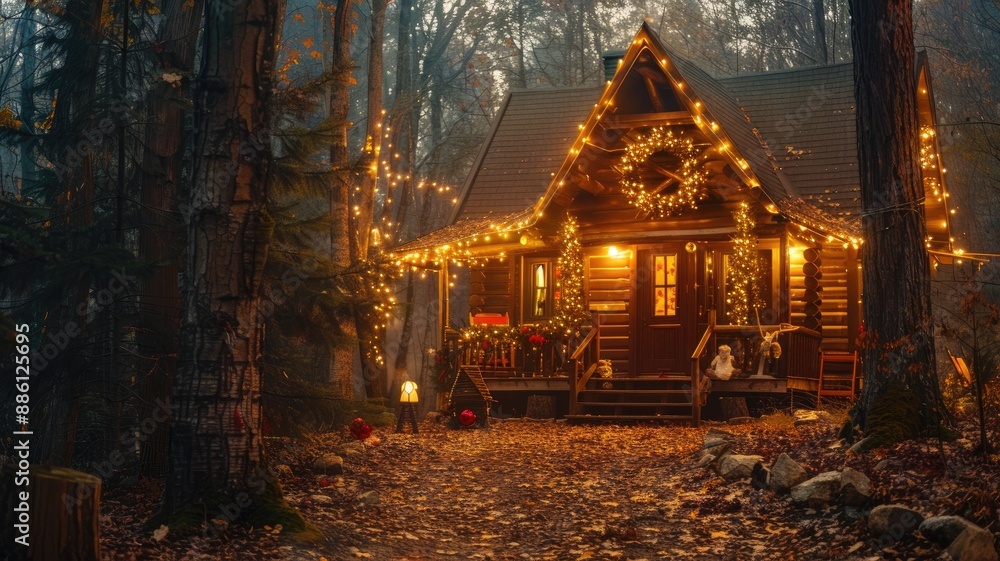 Obraz premium Cozy wooden cabin in misty forest, adorned with warm holiday lights