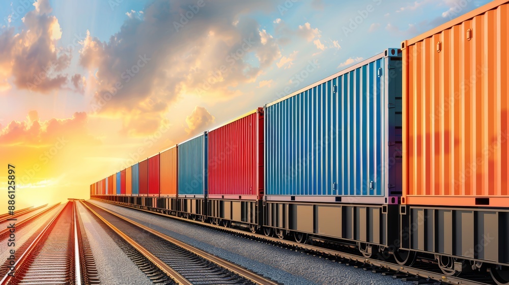 Obraz premium Colorful freight containers on a train track under a vibrant sunset sky, symbolizing logistics and transportation.
