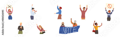 Protesting People Character at Demonstration or Strike Vector Set