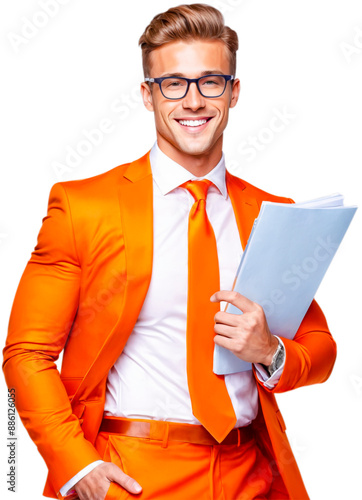 Smiling businessman in orange suit holding documents
