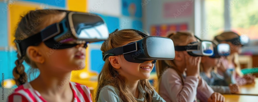 Group of young students in a colorful classroom, using VR headsets for an immersive learning experience, exploring virtual worlds together Group of young students in a colorful classroom, using VR headsets for an immersive learning experience, exploring virtual worlds together
