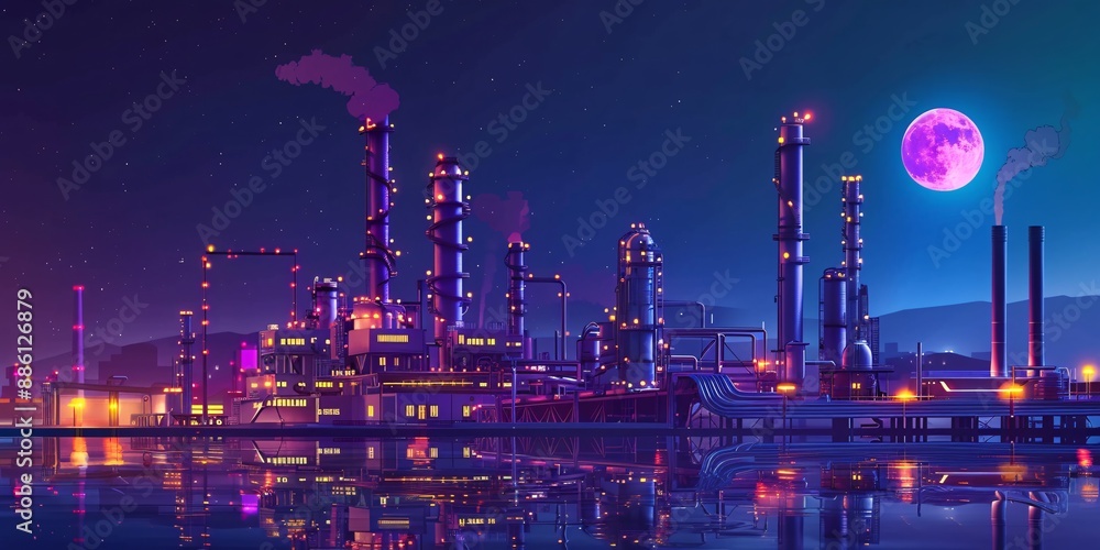 A petroleum processing facility at night in the petrochemical sector of the energy industry. A petroleum processing facility at night in the petrochemical sector of the energy industry.