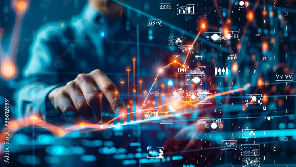 Modern financial technology with interactive graphs and real-time data points Modern financial technology with interactive graphs and real-time data points