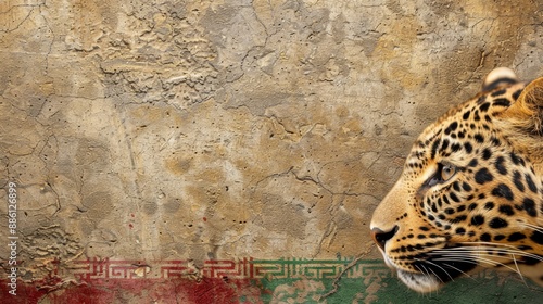 Leopard face on textured wall background with decorative border, blending wildlife and art in a stunning visual composition. photo