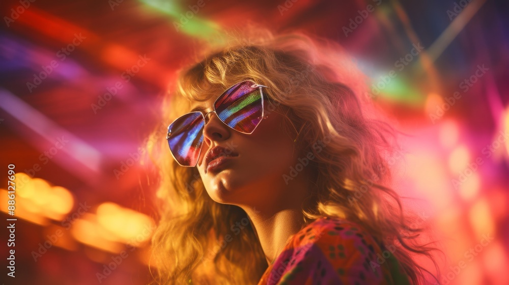 Woman in front of disco mirror ball with nightclub party background in close up shot Woman in front of disco mirror ball with nightclub party background in close up shot
