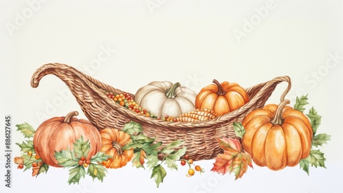 Fall harvest decorations, cornucopia and pumpkins, festive farm decor, watercolor style