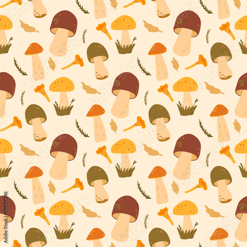 Mushrooms picking seamless pattern. Vector hand drawn illustration.