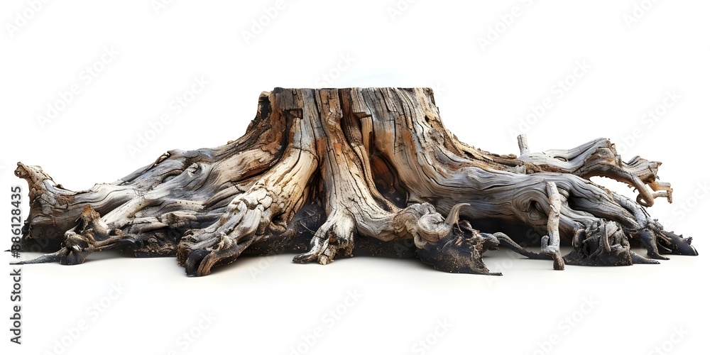 Fototapeta premium Tree Roots Stump and Root System on a White Background. Concept Nature, Botany, White Background, Tree Roots, Stump