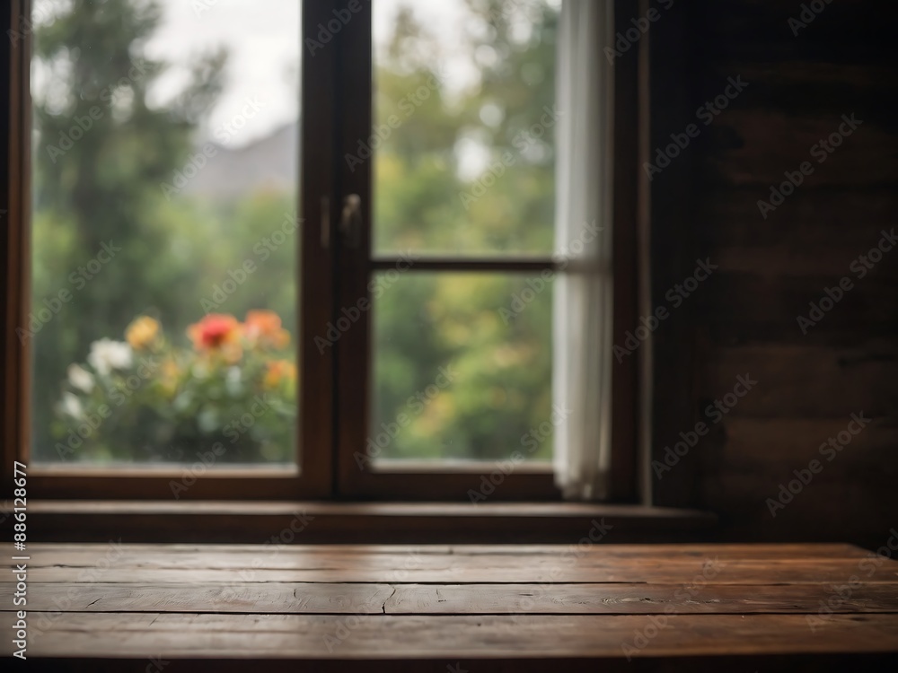 Softly blurred window backdrop featuring a wooden tabletop Softly blurred window backdrop featuring a wooden tabletop