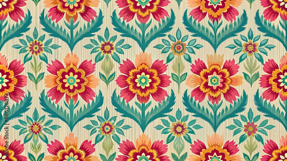 Ikat flower seamless pattern perfect for textile design and wallpaper , floral, petals, blooming, vibrant Ikat flower seamless pattern perfect for textile design and wallpaper , floral, petals, blooming, vibrant