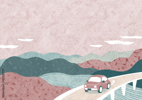 秋の山々を眺めながら車でドライブ 和風でノスタルジックな風景イラスト