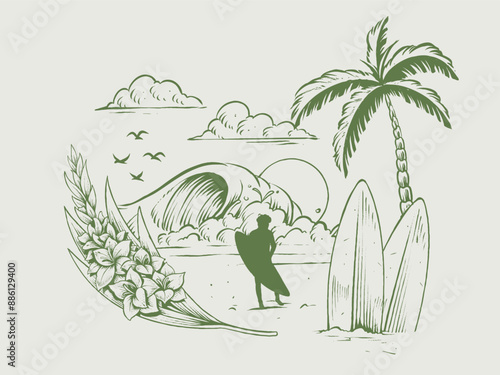 hand drawn summer beach potrait illustration