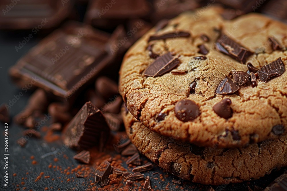 Freshly baked chocolate chip cookies surrounded by chocolate chunks and cocoa powder Freshly baked chocolate chip cookies surrounded by chocolate chunks and cocoa powder