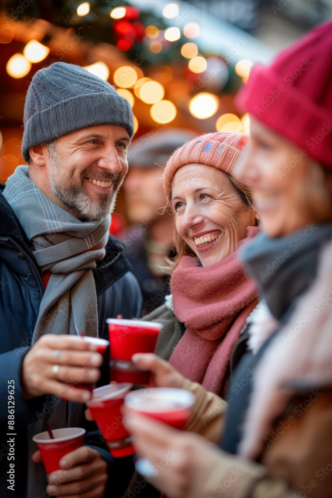 A group of people standing at a Christmas market and drinking mulled wine, Christmas party. AI generative. A group of people standing at a Christmas market and drinking mulled wine, Christmas party. AI generative.