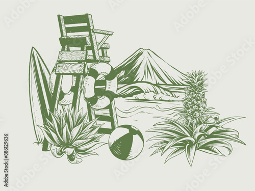 hand drawn summer lifeguard chair illustration