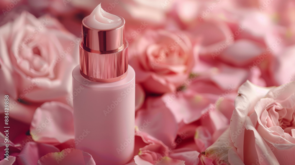 Cosmetic bottle on pink rose petals backdrop. Cosmetic bottle on pink rose petals backdrop.