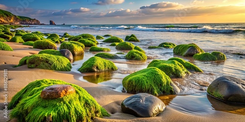 Seaweed-covered beach rocks on a shore , ocean, nature, algae, marine, rocks, coast, seashore, seaweed, pebbles, shoreline