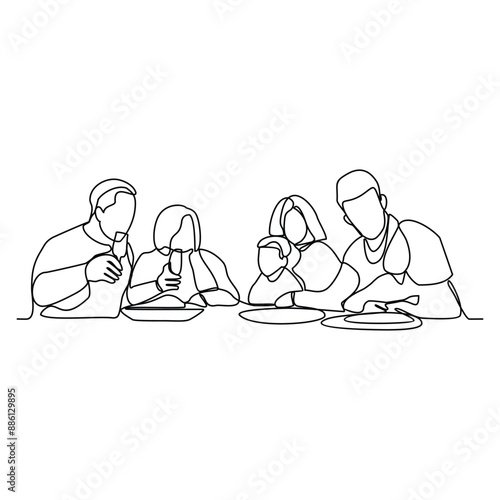 One continuous line drawing of family dining activities vector illustration. Family meal activity themes design illustration simple linear style vector concept. food and drinks are on the dining table