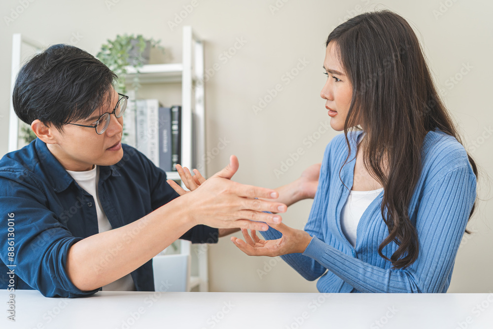 Breakup and depressed, asian young quarrel couple love fight relationship in trouble. Different people are emotion angry. Argue wife has expression, upset with husband. Problem of family people. Breakup and depressed, asian young quarrel couple love fight relationship in trouble. Different people are emotion angry. Argue wife has expression, upset with husband. Problem of family people.
