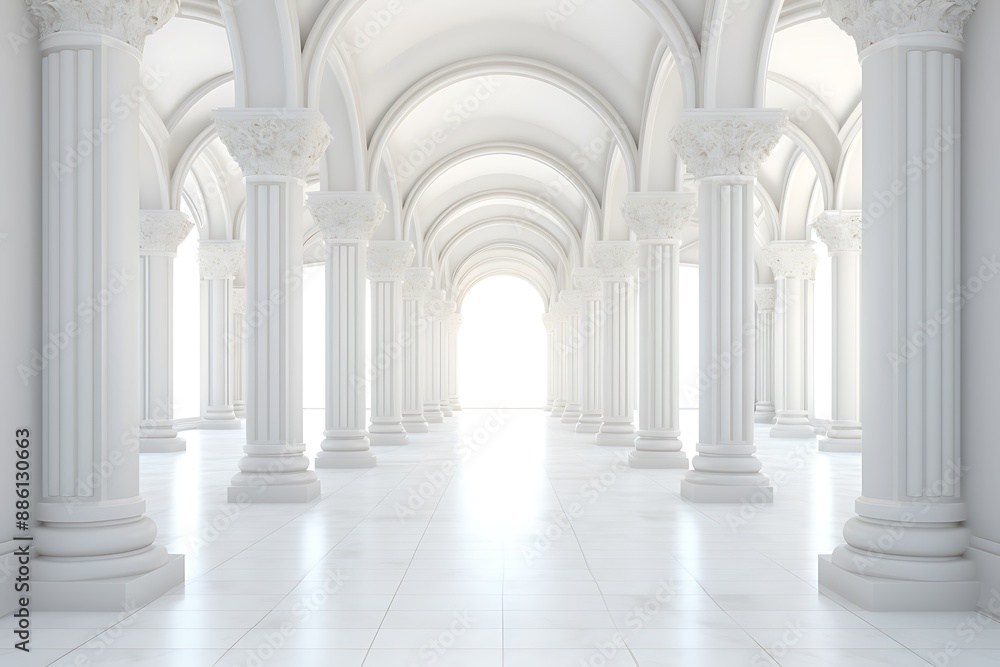 White corridor with arches and columns, 3d render illustration. White corridor with arches and columns, 3d render illustration.