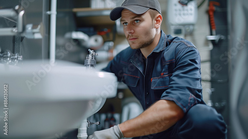 In a modern, well-lit bathroom, a plumber in uniform and cap diligently repairs white pipes under the sink, showcasing home service expertise.        © Alena