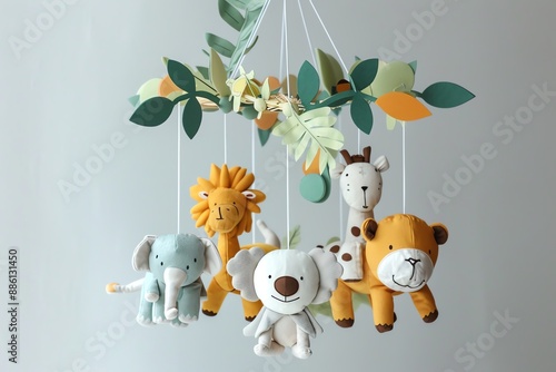 Fototapeta Naklejka Na Ścianę i Meble -  Colorful felt animal mobile for baby nursery decor.