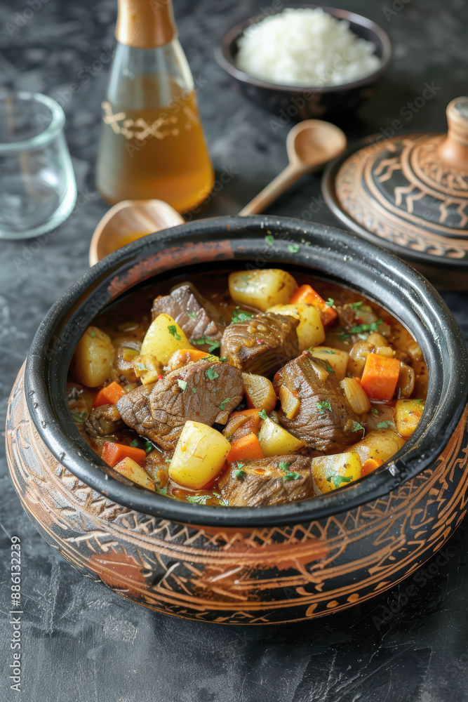 Tajine with beef and braised vegetables. Ai generative. Tajine with beef and braised vegetables. Ai generative.