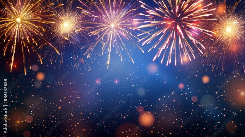 Fototapeta premium Festive fireworks background with black copy space,