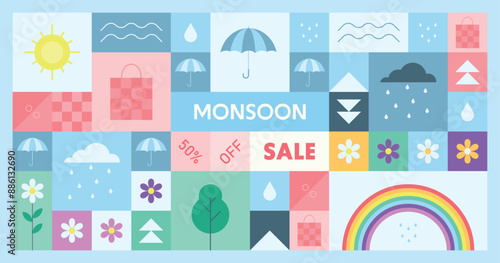 Monsoon season sale background with seamless pattern of umbrellas, rain, clouds, flowers, etc. Vector template design.