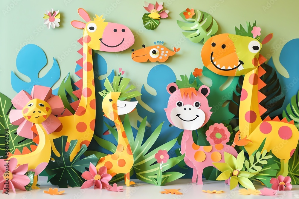 Cute paper cut-out animals in a jungle setting. Cute paper cut-out animals in a jungle setting.