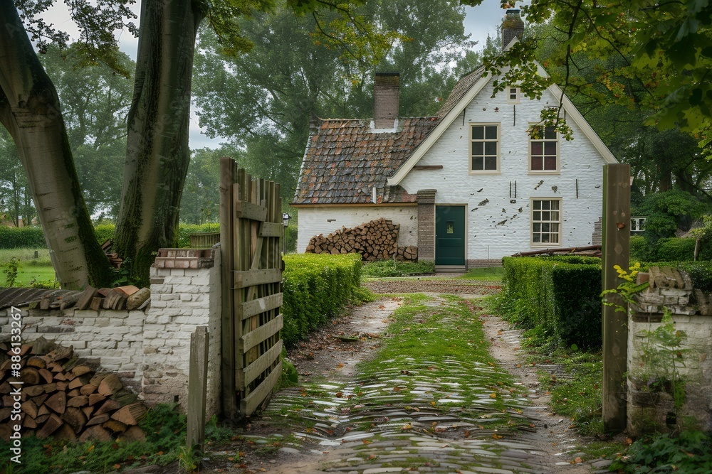 Beautiful view of the entrance to an old white brick farmhouse in the Dutch countryside, with a wooden gate and walls made from bricks. A stone path leads up to it, and there is firewood stacked next Beautiful view of the entrance to an old white brick farmhouse in the Dutch countryside, with a wooden gate and walls made from bricks. A stone path leads up to it, and there is firewood stacked next