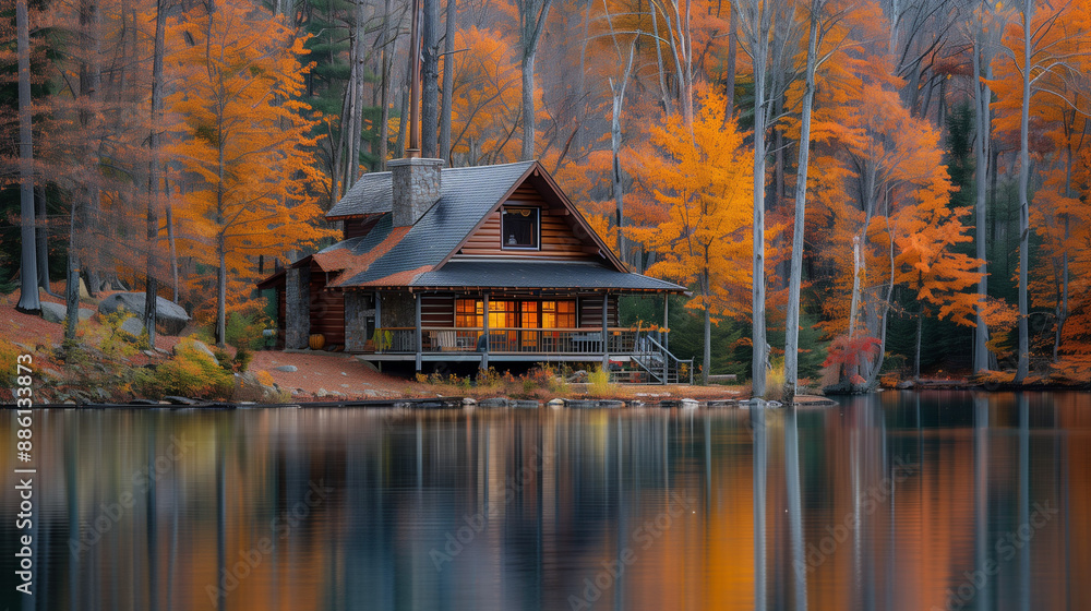Fototapeta premium A cozy log cabin nestled by a tranquil lake, surrounded by dense forest and vibrant autumn foliage. The still water mirrors the vivid leaves and the cabin itself, providing an ideal setting for privac