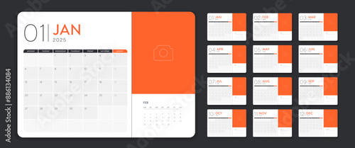 Calendar template 2025 creative minimal business monthly. Desk, wall calendar for print, digital calendar or planner. Week start on Monday. Simple modern annual calendar layout design element. Vector.