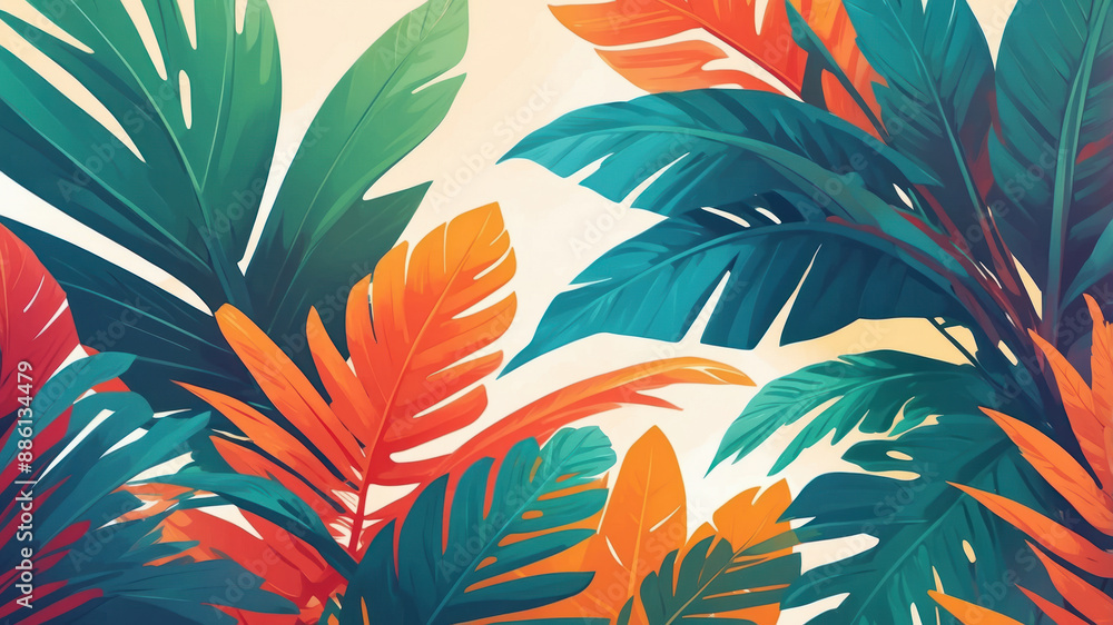 A close-up shot of lush, vibrant tropical leaves, bathed in warm sunlight, showcasing a mix of greens, oranges, and reds A close-up shot of lush, vibrant tropical leaves, bathed in warm sunlight, showcasing a mix of greens, oranges, and reds
