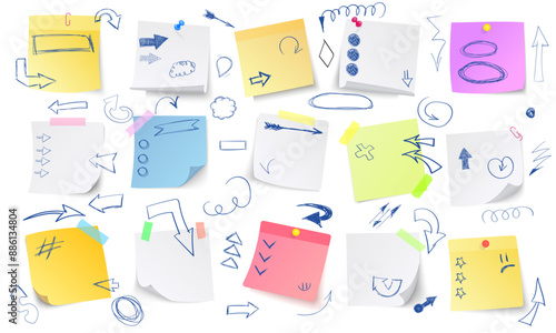 Paper notes. white stickers or notepad pages with curled corners. Empty blanks for messages. Realistic  mock up.