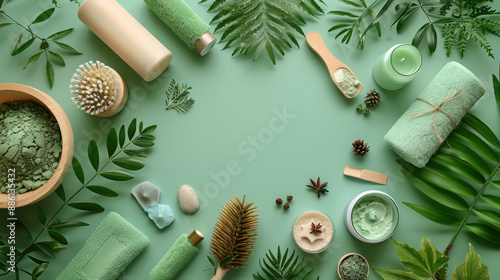 Top view of eco-friendly products, pastel green background photo