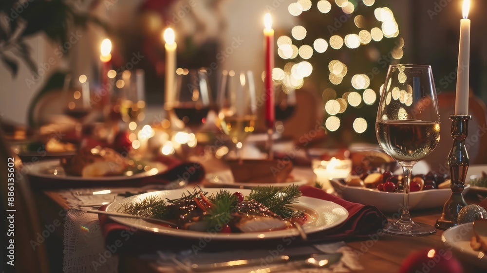 Festive dinner table setup with candles, wine, and holiday decorations Festive dinner table setup with candles, wine, and holiday decorations