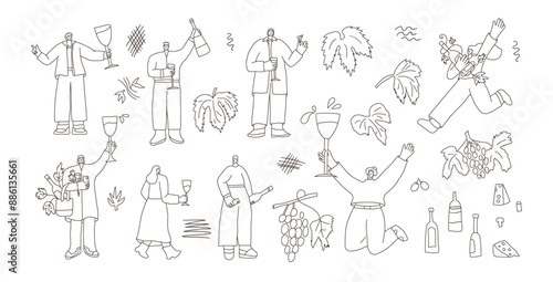 Wine lovers with bottles, glasses, and grapevines doodle set. Vector hand drawn collection illustration isolated on white background.