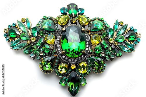 Green and gold crystal brooch with large center stone.