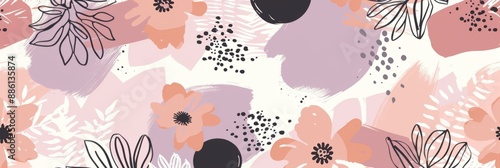 A pattern featuring pink and purple abstract shapes, flowers, and leaves