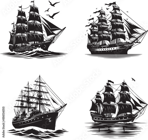 Pirates Ship in sea black and white silhouette in vector 