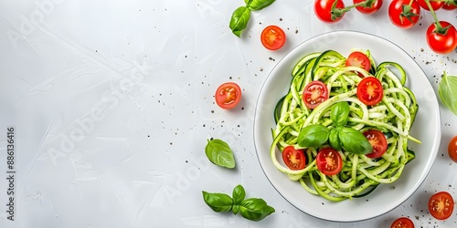 Low-Carb Pasta Zucchini Noodles with Cherry Tomatoes and Basil Pesto on White Surface. Concept Food Photography, Low-carb Recipes, Zoodles, Healthy Eating, Fresh Ingredients