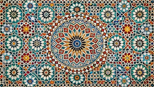 Intricate Arabesque mosaic tile design with geometric trellis patterns and traditional Moroccan ornaments , Arabesque